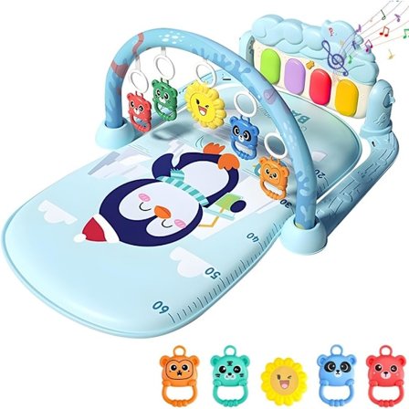 Baby Lekematte med Gym - Vaskbar Sparke- og Spillepianomatte med 5 Avtakbare Leker for Nyfødt Baby (Blå)