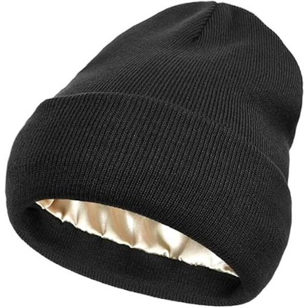 Satinforet strikket hue til kvinder, akryl vinterhat til kvinder, silkeforet blød, løstsiddende varm hue med opsmøg til mænd.