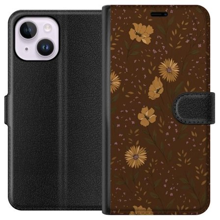 Kompatibelt Plånboksfodral till Apple Apple iPhone 15 Plus Bruna blommor retro blommönster blommig design 70-tals vintagestil mönster bohemisk tape