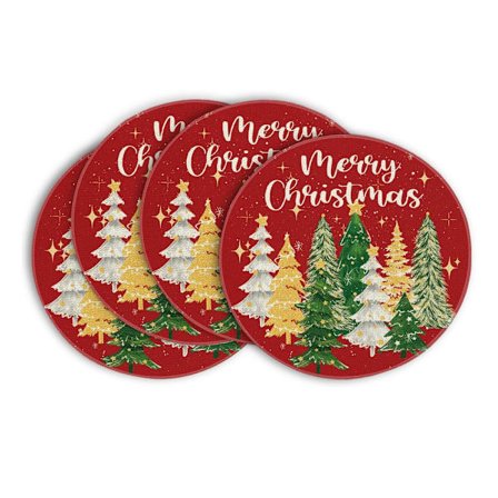Mønstret Stjerne Juletræ Glædelig Jul Runde Dækkeservietter Sæt med 4, 38 cm Runde Julebordsmåtter til Spisestue Dekoration