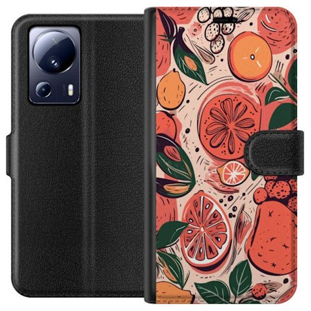 Kompatibelt Lommeboketui til Xiaomi 13 Lite Håndtegnet kollasje av sitrusfrukter, blader og bær i varm rosa og oransje fargeskala