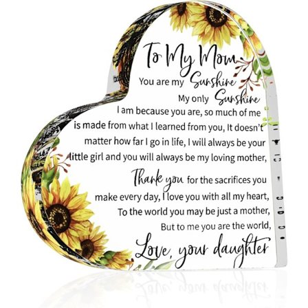 Gaver til mor, hjerteformet akryl mindeplade - 9,9 x 9,9 cm, mors dags- og fødselsdagsgaver fra datter og søn, dekorativ akryl