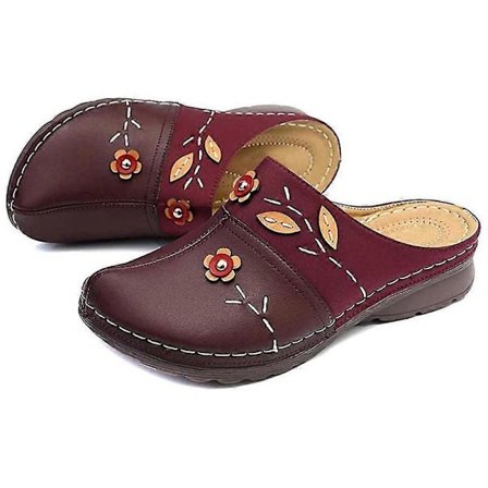 Dame Tøfler Sandaler Dame Komfortable Lukket Tå Kilehæle Plateau Sko Blomster Tøfler Vinrød