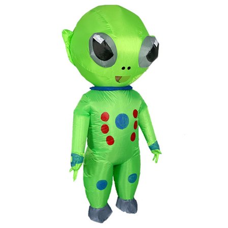 REA Puhallettava Alien-asu - UFO-alien, jolla on ihmisen cosplay-asu ja viitta juhliin *Iso-päinen alien* Lapsille 120-145cm