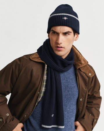 GANT Herren Essential Beanie und Schal im Geschenkset (ONE SIZE) Marineblau