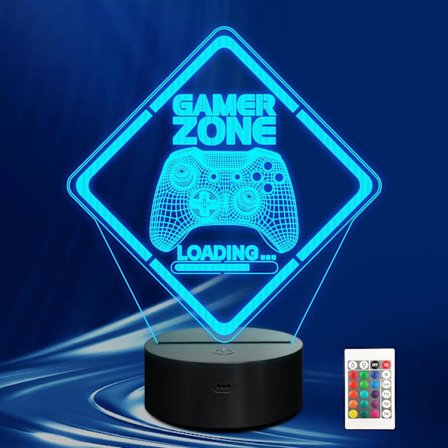 Gamer Zone nattlys med gamepad-grafikk, 3D illusjon LED-lampe, 16-farget berørings- og fjernkontroll - Ideell gave til spillere, tenåringer, menn, 
