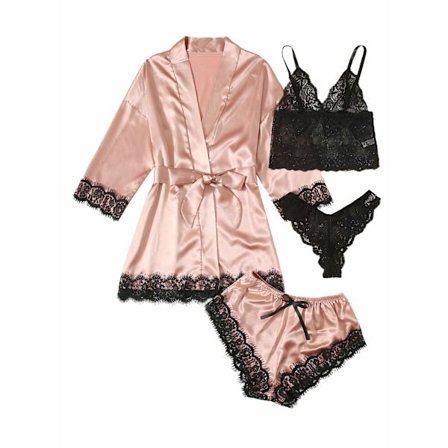 Naisten satiinipyjamat, 4 osaa, kukkakuvioinen pitsireunainen camisole-alusvaatesetti aamutakilla M