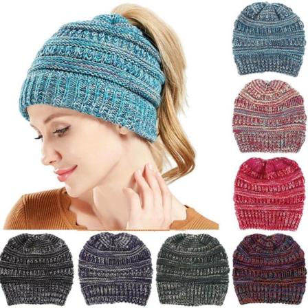 Vintervarm Hästsvansmössa, Casual Bun Stretch Stickad Hatt yellow&blue&rose red