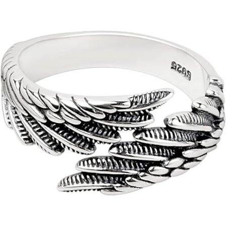 Åben ring, engel vinge ring, håndlavet S925 sterlingsølv vintage-stil justerbar fjer engel vinge ring, egnet til både mænd og kvinder.