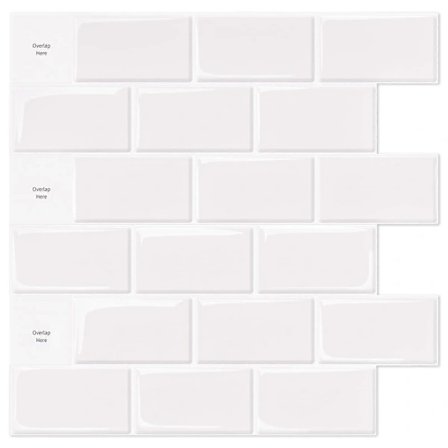 Pakke med 10 stk., Hvide selvklæbende fliser i metro-stil, selvklæbende stænkbeskyttelse køkken badeværelse, 3D murstens vinyl selvklæbende papir, 3