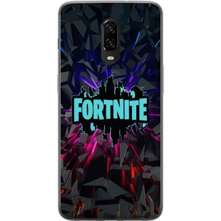 Kompatibel Mobilcover til OnePlus OnePlus 6T Fortnite logo - Sort baggrund med blå neon og farvede lys