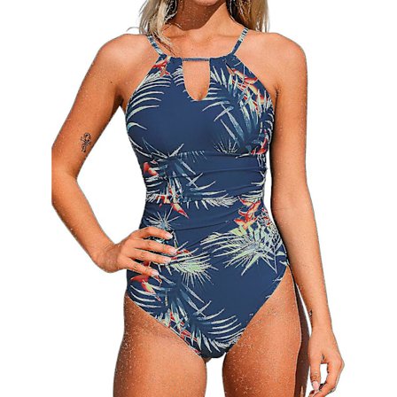 Kvindebadedragt i ét stykke med høj hals, strandbadetøj med rynket mavekontrol, badedragt