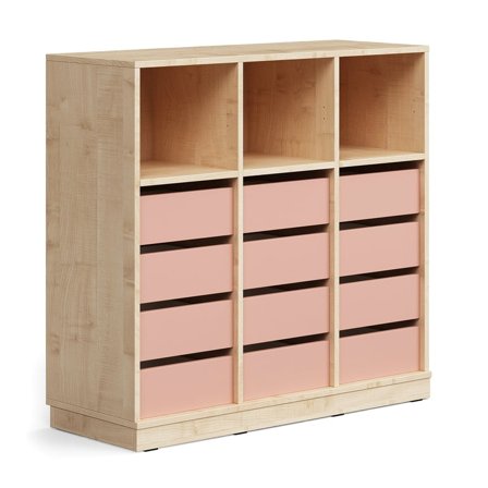 Student storage CASPER, 12 drawers, 3 upper compartments, base frame, birch/dark pink