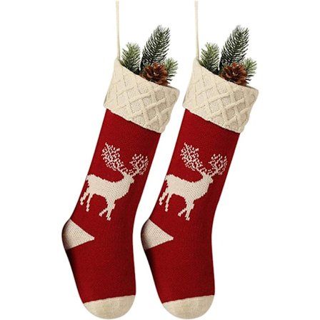 2-pak 45 cm ekstra lange håndstrikkede julestrømper - Rødt rensdyrdesign julestrømper til familiens feriesæson ved pejsen