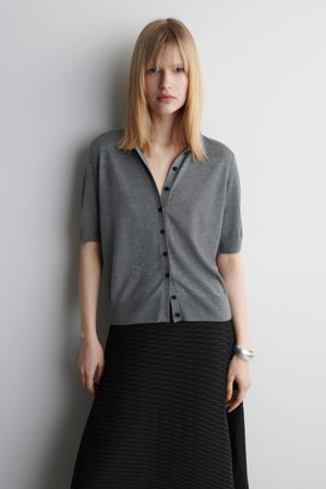 COS Women's Merino Wool Blend Polo Cardigan Sweater in Grey