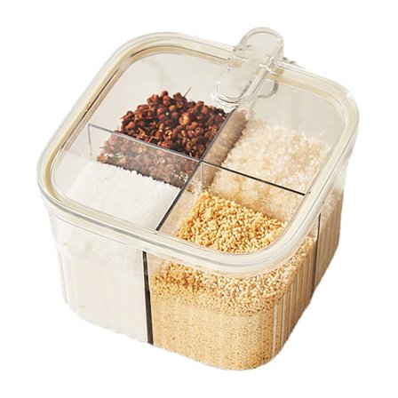 4-rums klar krydderiboks med låg, ske, transparent hvid opbevaringsbeholder