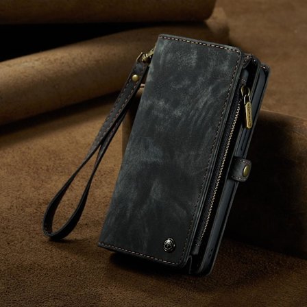 Etui til iPhone 16 Plus sort læder snor lynlås pung kort