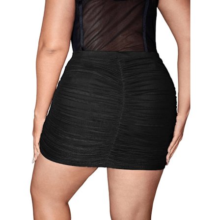 HAUFR Dam Plus Size Solid Mesh Ruched Bodycon Stretch Mini Kort kjol