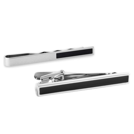 Silver-Tone Tie Bar and Black Tie Clip Set for Men