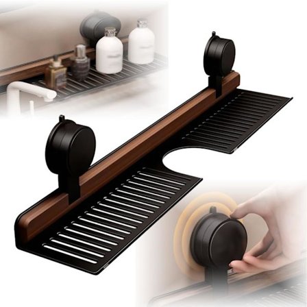 Valnöts Hylla med Sugpropp för Badrum Kök 2025 - 40cm Borrfri Diskhoorganisatör med Avtagbar Design (Svart)