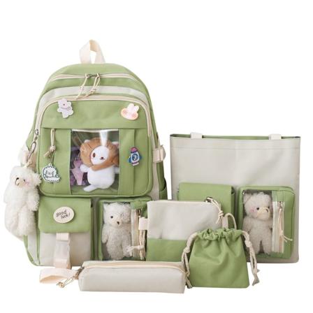 Ryggsäck med söta hängetillbehör, 5 delar Kawaii set flickor, studentbokväska Vacker ryggsäck, stor Harajuku Canvas School