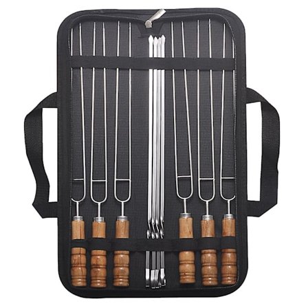 10 stk. grillspyd i rustfritt stål med trehåndtak og oppbevaringspose