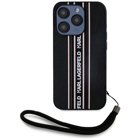 Karl Lagerfeld Saffiano Athleisure Stripes Cord iPhone 15 Pro Case - Vaaleanpunainen