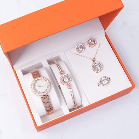 5 st Elegant watch och set för kvinnor Rose Gold Rhinestone watch med armband Pärlemor Damarmbandsur