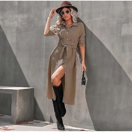 Dame Ensfarget Nedfelt Krage Kjole Midje Snøring Stor Kant Enkeltspent Skjorte Dame Maxi Kjoler