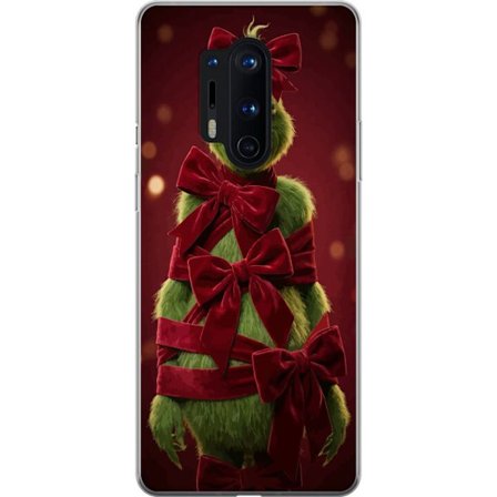Yhteensopiva Puhelinkuori OnePlus OnePlus 8 Pro Grinchi-hahmo koristeltu punaisilla samettinauhoilla juhlavassa studiossa, leikkisällä ja humoristis