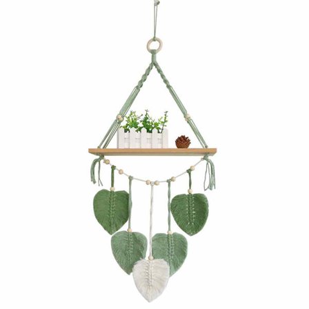 Handgjord Boho Väggdekor, Flytande Trähylla med Boho Väggampel, Macrame Väggmonterad Hylla för Växter Böcker och Foton, Väggmonterad Hylla