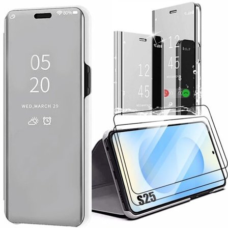 Beskyttelsesskal - BOOLING - til Samsung Galaxy S25 - Spejl Effekt Sølv - 2 Stykker Tempereret Glas - Stødabsorberende