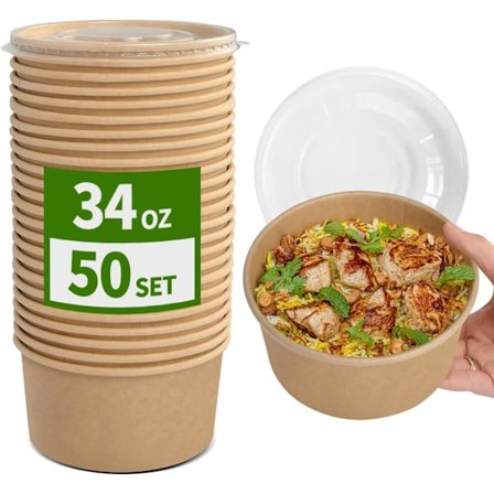 50-pack 34-ounce pappersskålar med lock, engångs salladsskålar, takeaway salladsbehållare, matlådor, engångs soppskålar med lock