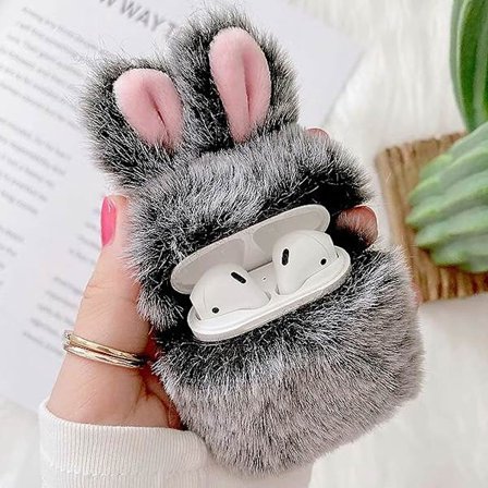 Kotelo Airpods 1 -kotelolle Airpods 2 Pörröinen Kanikotelo Pehmeä Karvainen Muodikkaasti Söpö Jäniskorva Tekoturkis PC Suojakuori Kestävä Kotelo 