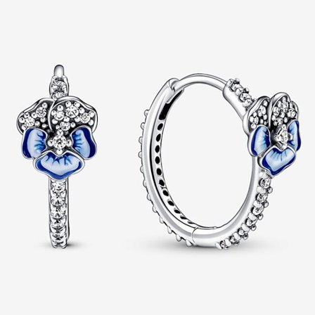 Pandora Sterling Silver Blue Pansy Brilliant Embrace Hoop Earrings 290775C01, Includes Original Box