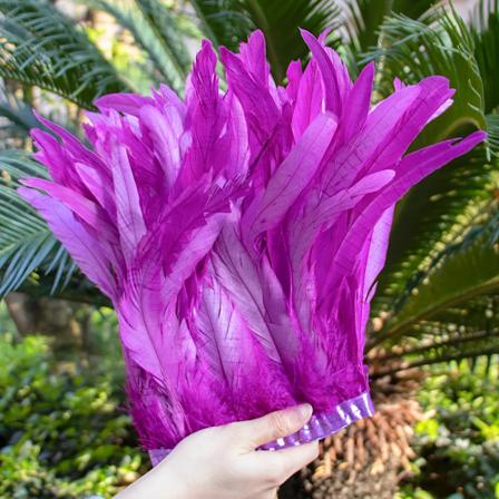 2 Meter Färgad Tuppstjärtfjäder-Pompong Kantband 25-30cm Färgade Tuppfjädrar Band för Bröllop Festklänning Kjolar Hantverk Tillbehör PURPLE 2Meters