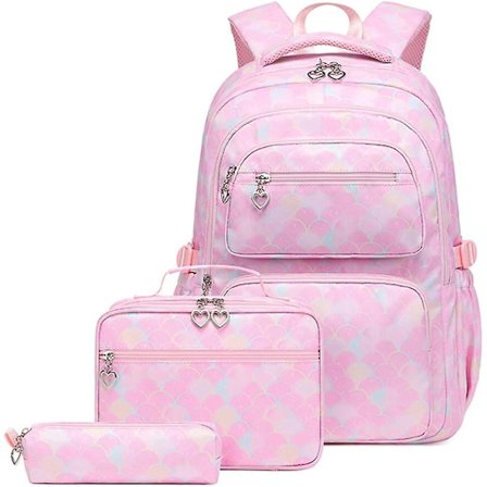 Skolesekk, jenteskolesekksett 3 i 1 fritidsskolesekk med termisk matboks barnas pennal skolesekk reise fritid laptop-sekk