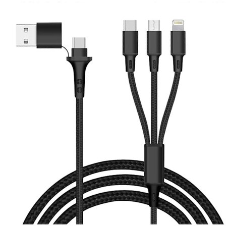 5-in-1 USB- ja USB-C–USB-C Micro USB Lightning -latauskaapeli, musta