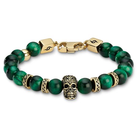 Rico | Bracelet en œil de tigre vert avec tête de mort en acier inoxydable couleur or pour hommes - Bracelets en acier