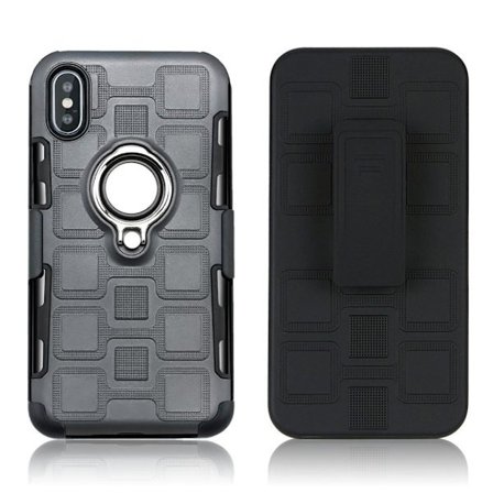 iPhone XS hybrid plast mobilskal med fingerring och metall magnet platta samt geometriskt mönster - Grå