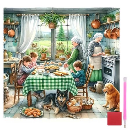 Diamond Art Kits til voksne Travlt køkken, DIY Diamantmaleri Kit til begyndere, Familie Fuld Rund Bore Gem Art, Diamant Dots Malerier Hjem 