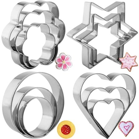 12 stk Kakeformer Sett for Baking, Hjerte Blomst Rund Stjerneform Kjeks Rustfritt Stål Metallformer