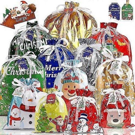 Juleposer 30 stk. Julegaveposer med snøring i forskjellige størrelser, store, mellomstore, små innpakningsposer, 12 design godteposer for gaver med 