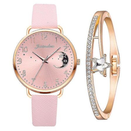 Dame arabisk tall kvarts klokke armbånd sett med måne mønster kalender skive gave rosa