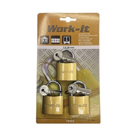 Work-it Sæt af 3 stk Låse 3 x 38 mm med 18 nøgler