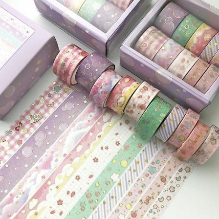 Koristeellinen kultafolion Washi- set – 10 rullaa tee-se-itse-asetuksiin, scrapbookingiin, bullet-lehtiin, lahjoihin ja koristeluun