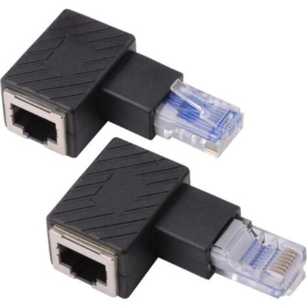 2 stk. 90 graders Ethernet-adapter, høyre + venstre vinkel, RJ45-plugg til kontakt, adapter, skjermet, nettverkspatchtilkobling, kompatibel med Cat5 