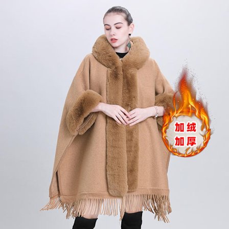 Höst- och vintertrendig cape sjal plus sammet förtjockad pälskrage rutig huva tofs stickad sjal cape