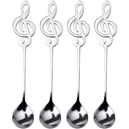 Kaffeskjeer, 4 stk. kaffeskjeer i rustfritt stål, teskjeer med musikknoter, dessertskjeer, røreskjeer