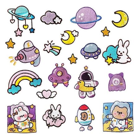 21 st Broderade Stryk-på-märken, Lila Planet Rymdmärke Klistermärke Himmelskanin Applikationer Stryk-på-märken Dekaler för T-shirt, Jeans, Kläder, 
